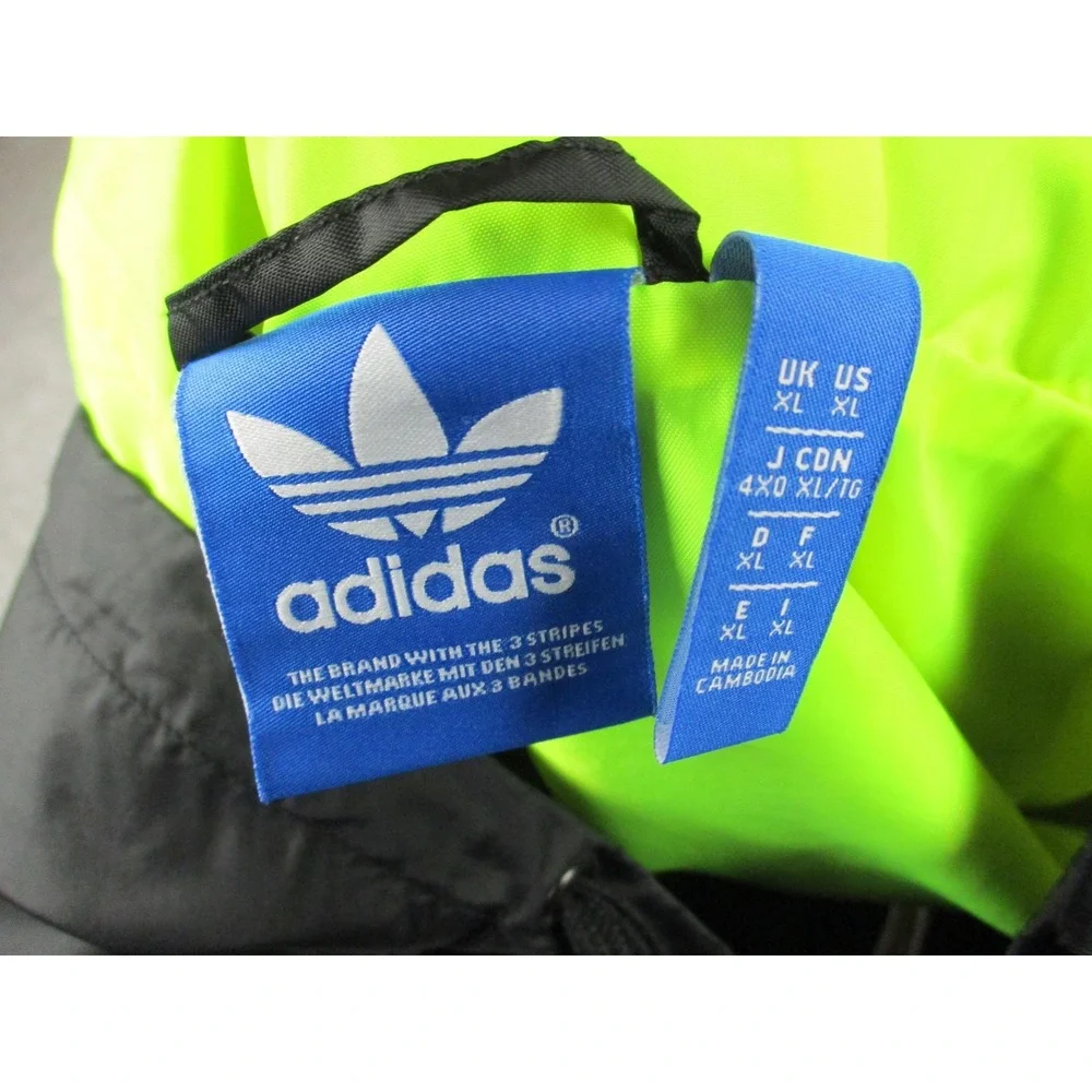 Adidas Jacket Mens Extra Large Black Green Neon Trefoil Windbreaker Hooded